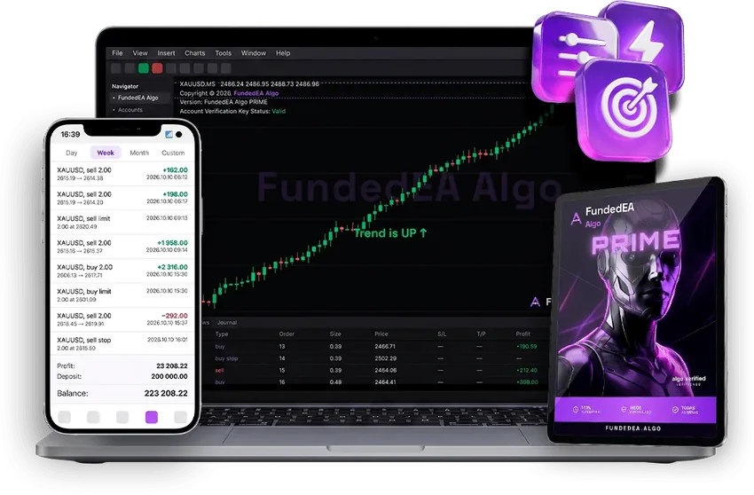 FundedEA Algo HFT: the trading engine on the MT5 dashboard and PRIME